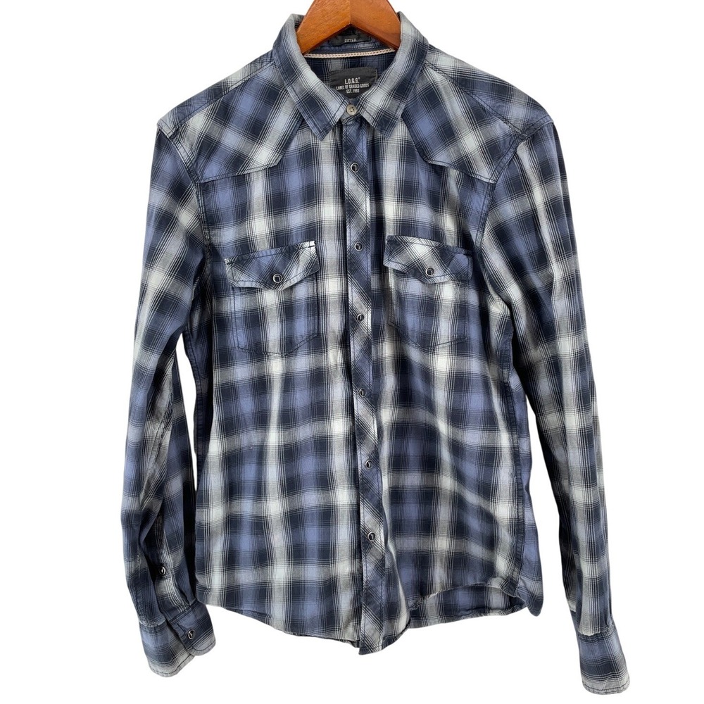 H&M Western Shirt Mens Medium Blue Plaid Flannel Snap Cowboy Americana *Read